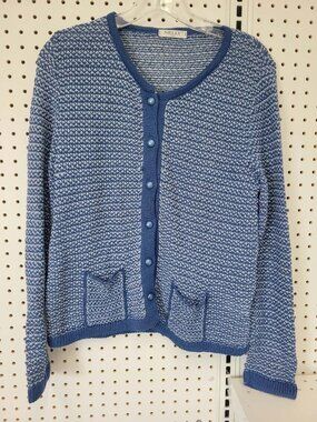 Blue & White Nelly Italy Knit Cardigan With Front Pockets Button-Up XL Acrylic